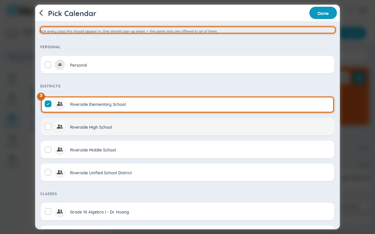 The Pick Calendar sheet listing Personal, every district school and every class as checkboxes, with the school already checked