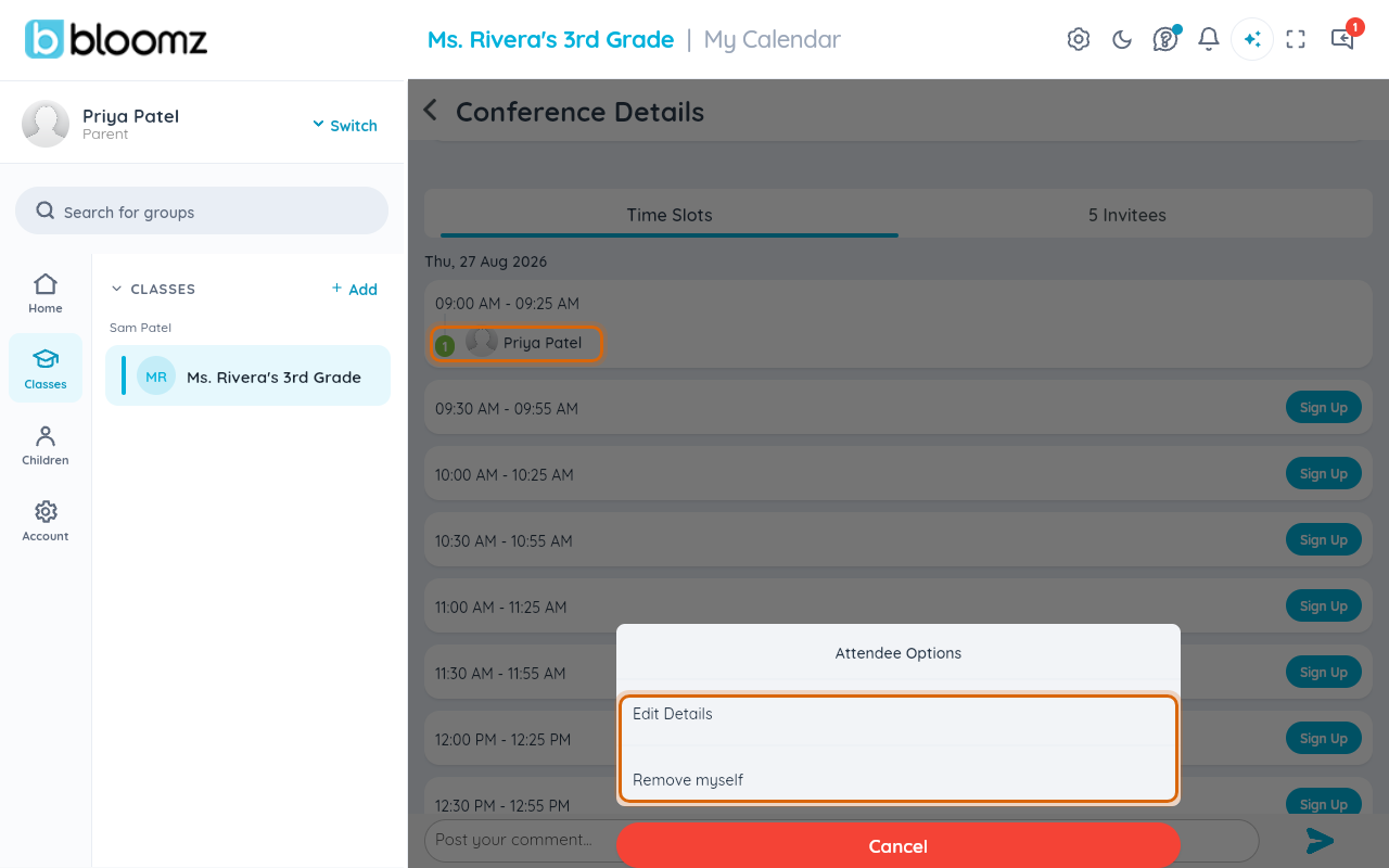 The booked slot with the parent's name, and the Attendee Options sheet with Edit Details and Remove myself