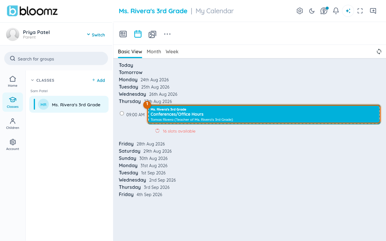 The family's class calendar with the Conferences/Office Hours event and its slots-available line marked