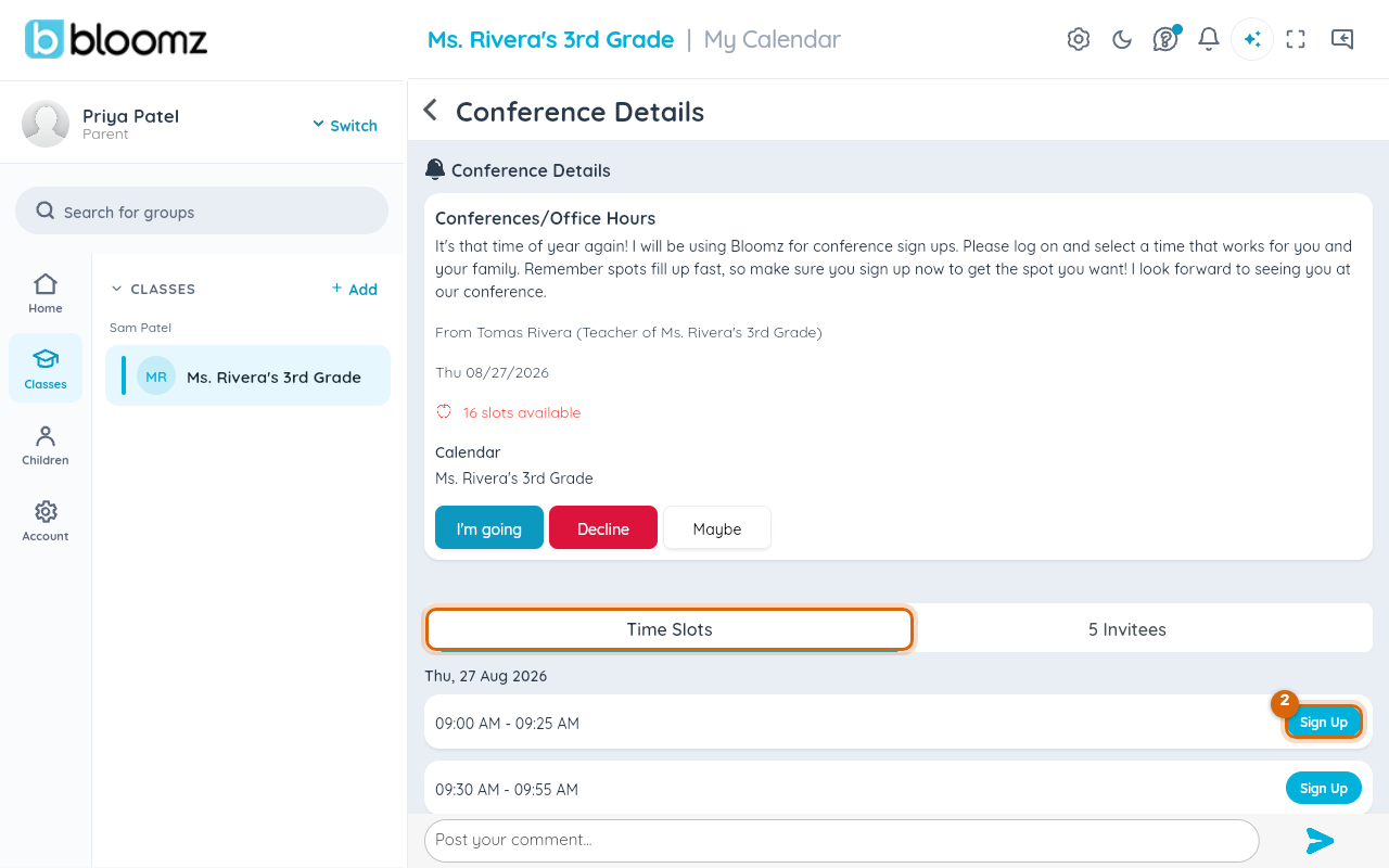 Conference Details with the Time Slots list and the Sign Up button on an open slot marked