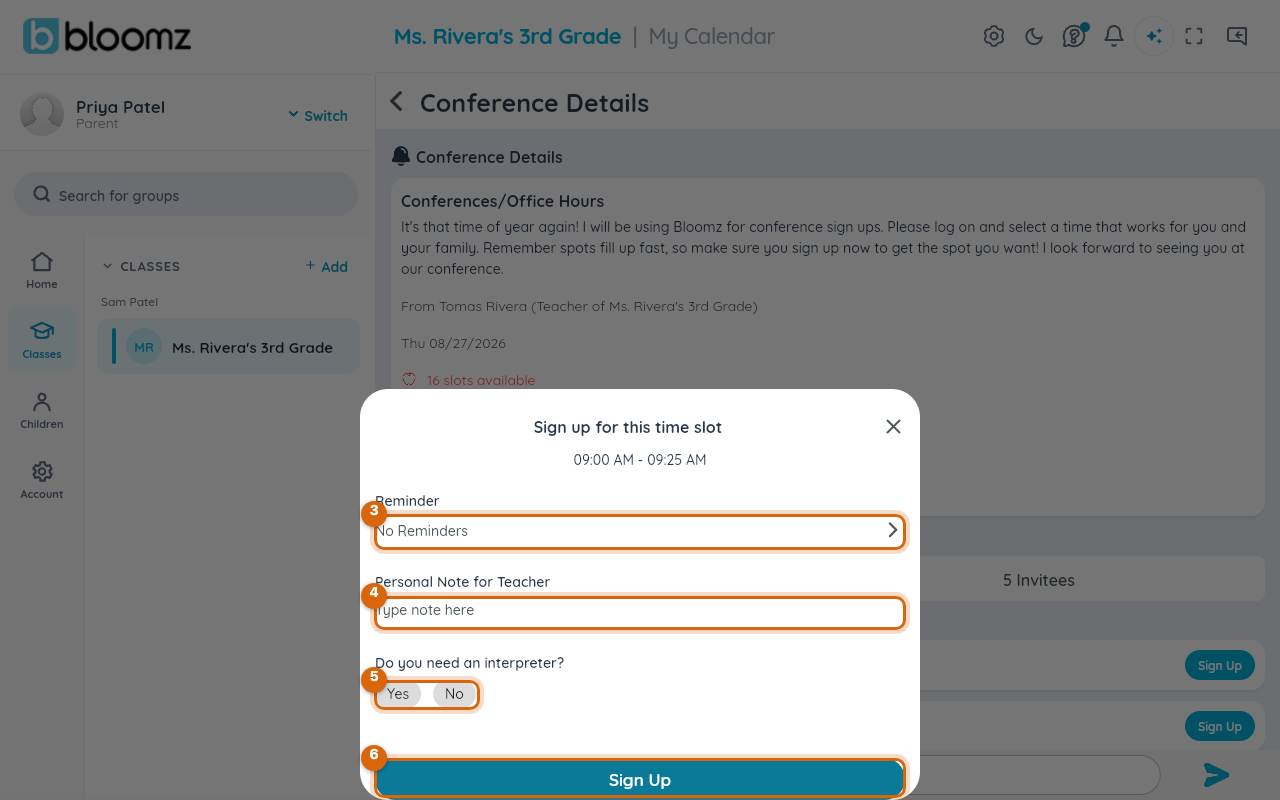 The Sign up for this time slot sheet with Reminder, the Personal Note for Teacher field, the interpreter question and the Sign Up button marked