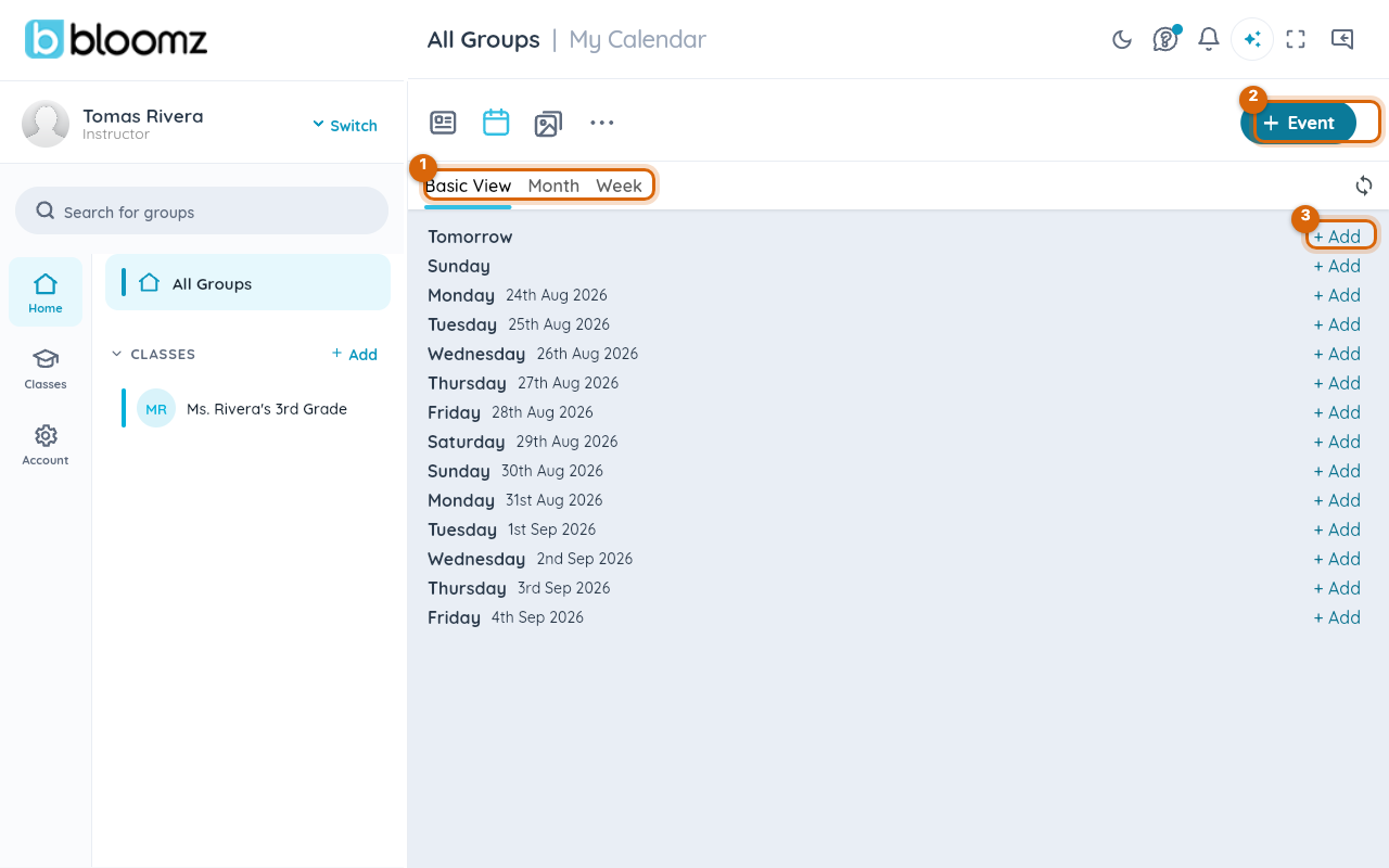 The Bloomz calendar in Basic View, listing upcoming days with an Add link on each, and the Event button top right