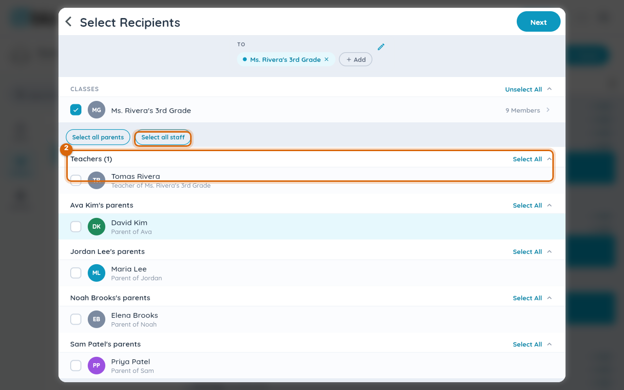 The Select Recipients picker listing the class, its teachers and each family, each with a checkbox