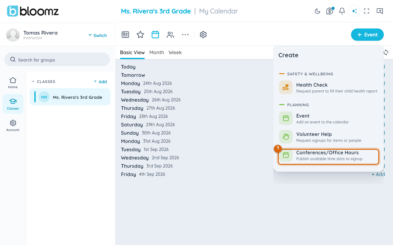 The calendar's Create menu with Conferences/Office Hours marked under Planning