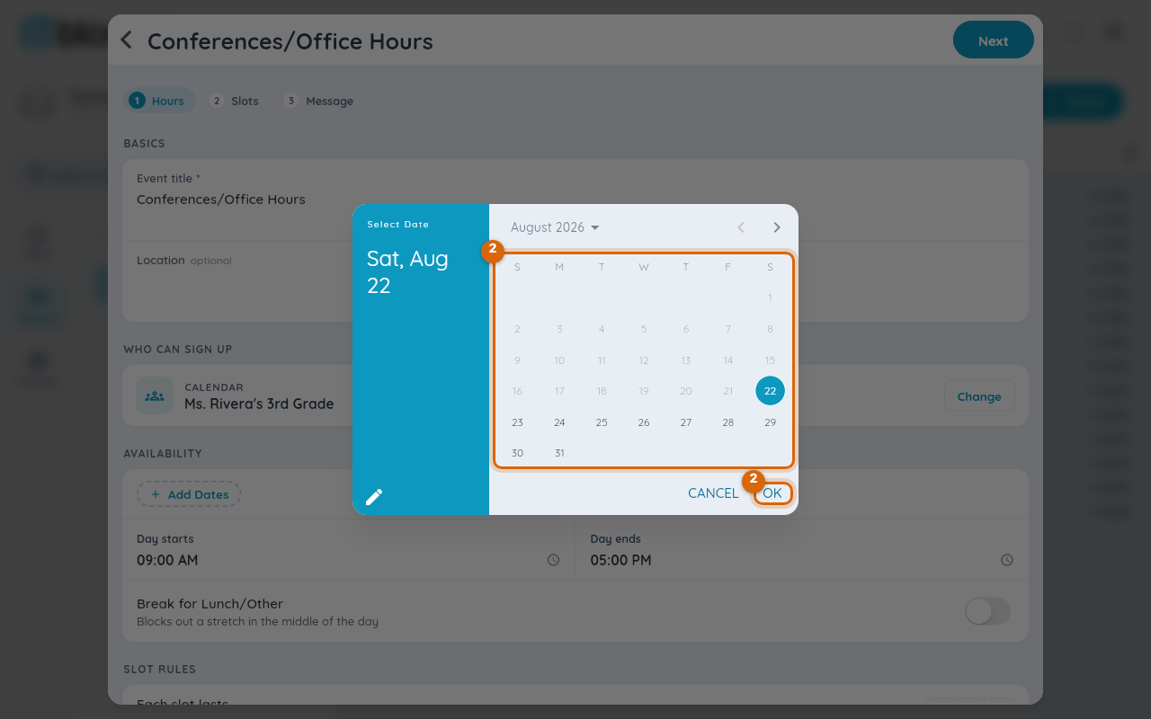 The Select Date picker open after Add Dates, with a date and OK marked