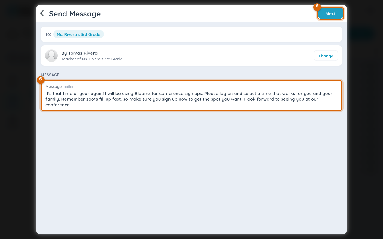 The Send Message step with the pre-written invitation and the Next button marked