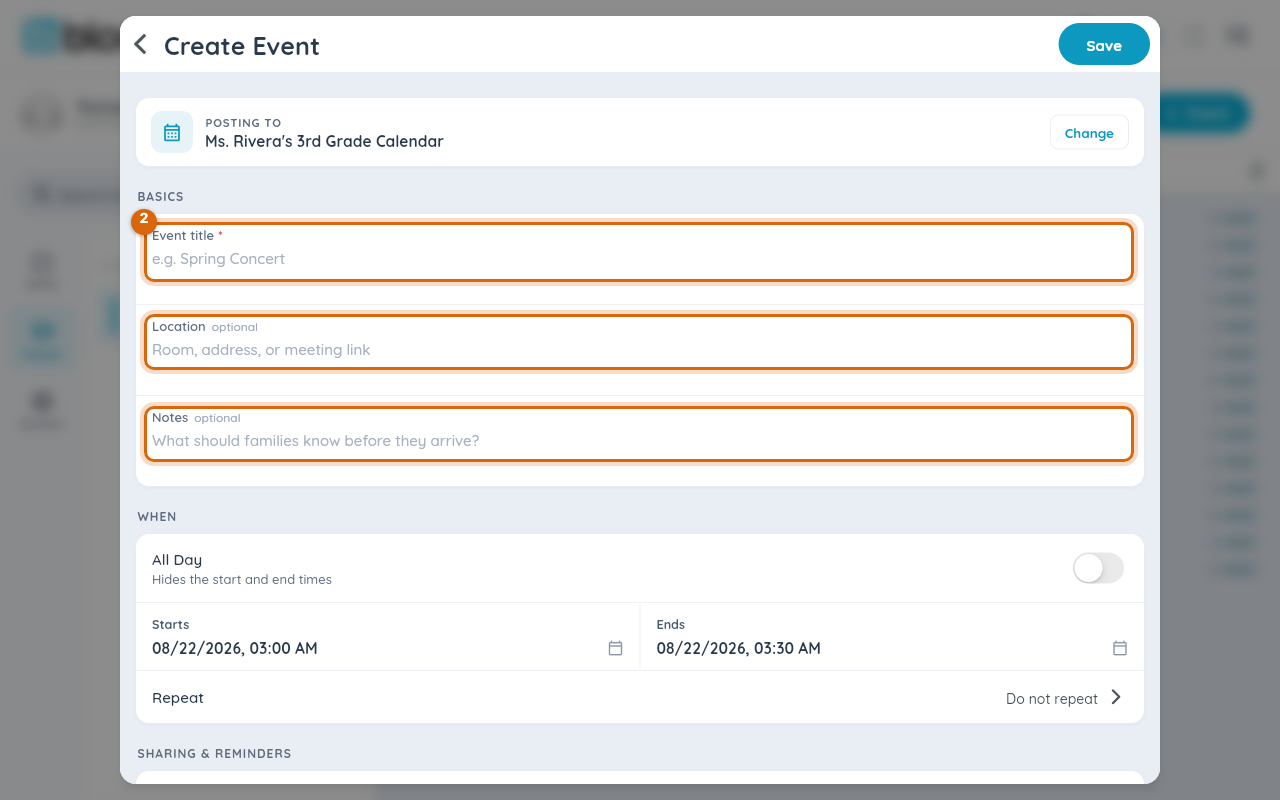 The Create Event form with the Event title, Location and Notes fields marked under Basics