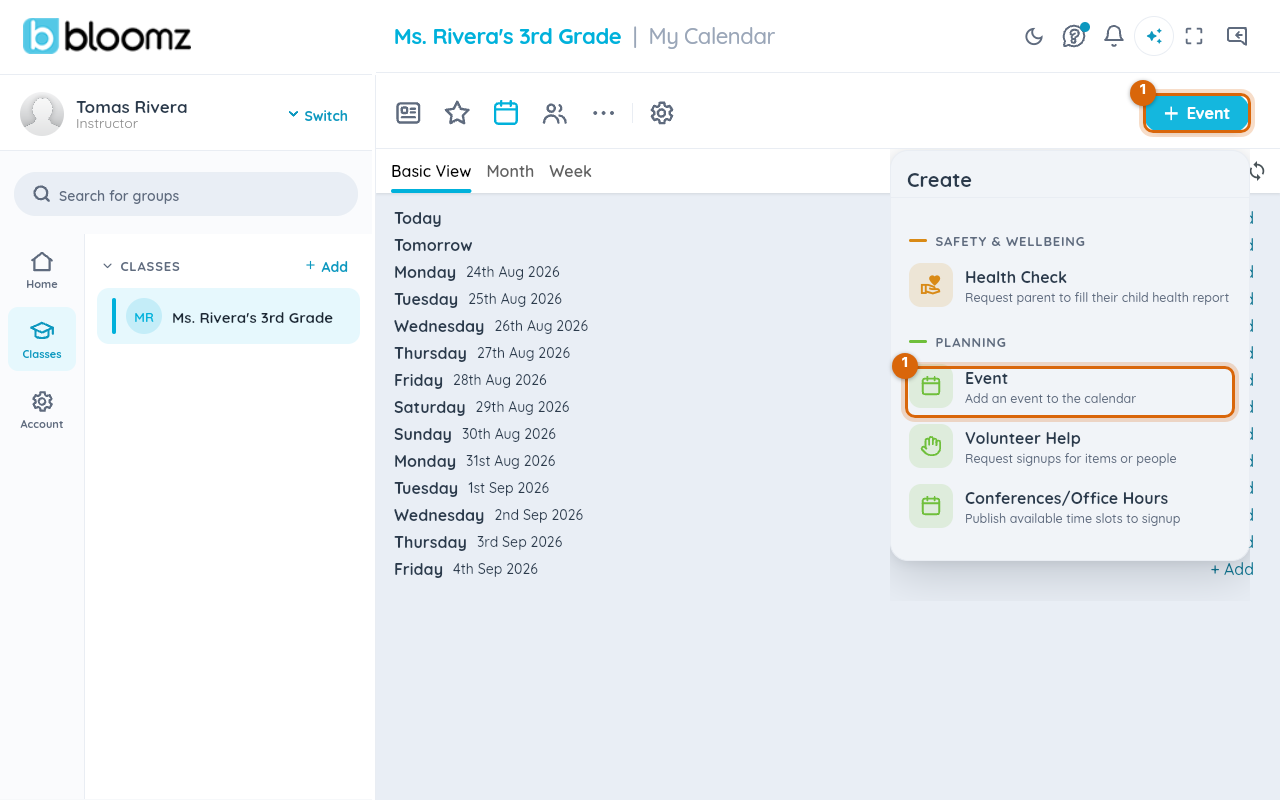 The calendar's Create menu with Event marked under Planning