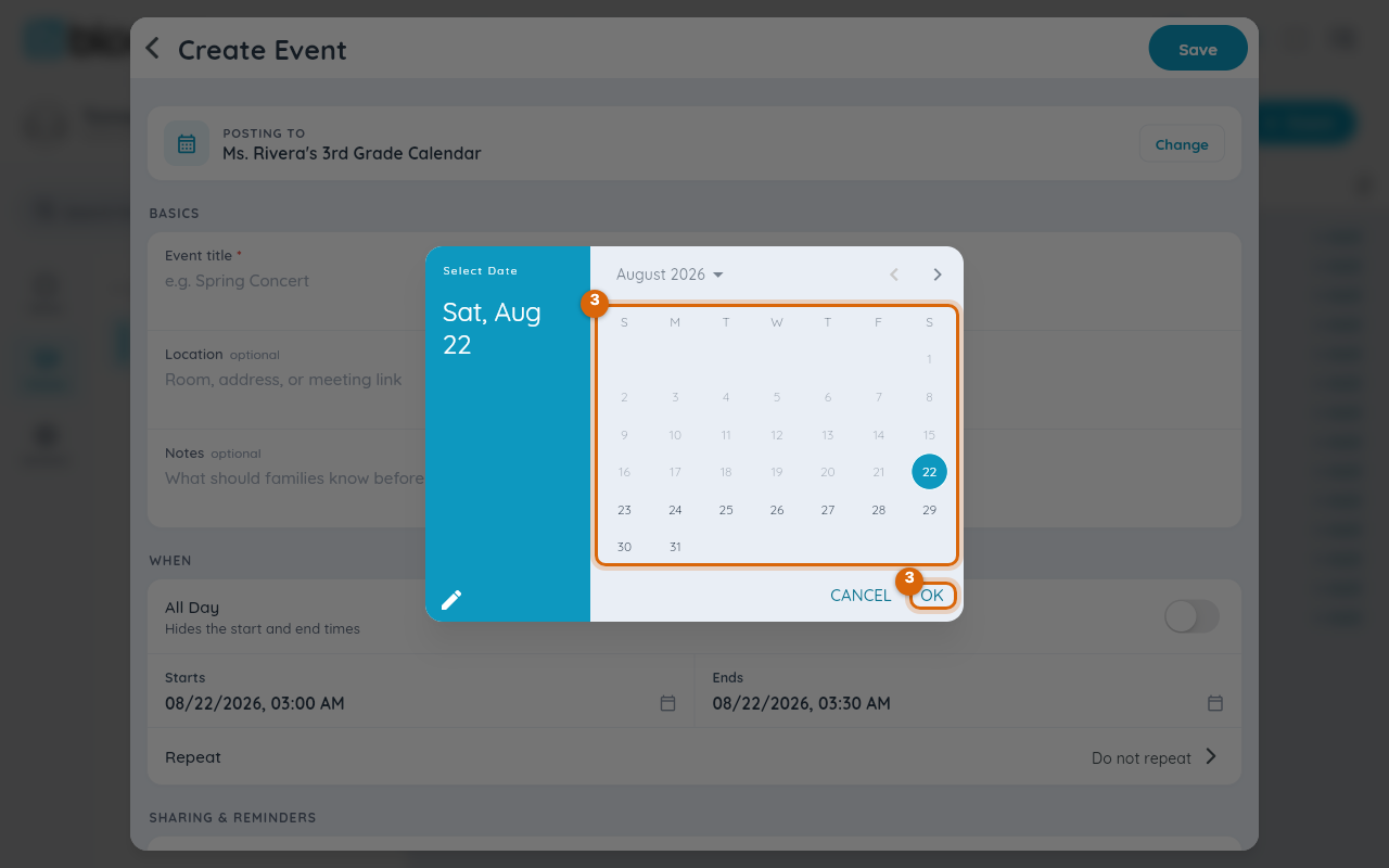 The Select Date picker open over the Create Event form after selecting Starts