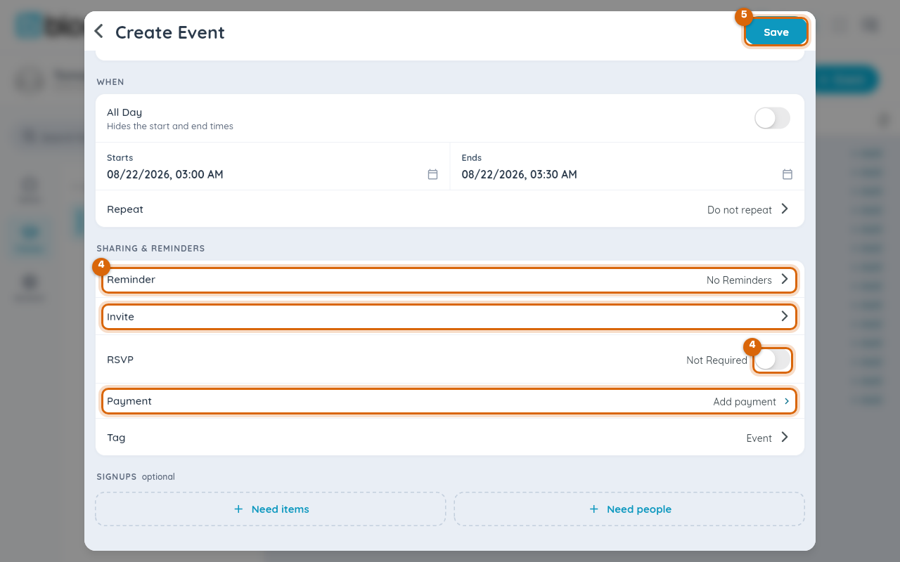 The Sharing & Reminders section with Reminder, Invite, the RSVP switch and Payment marked