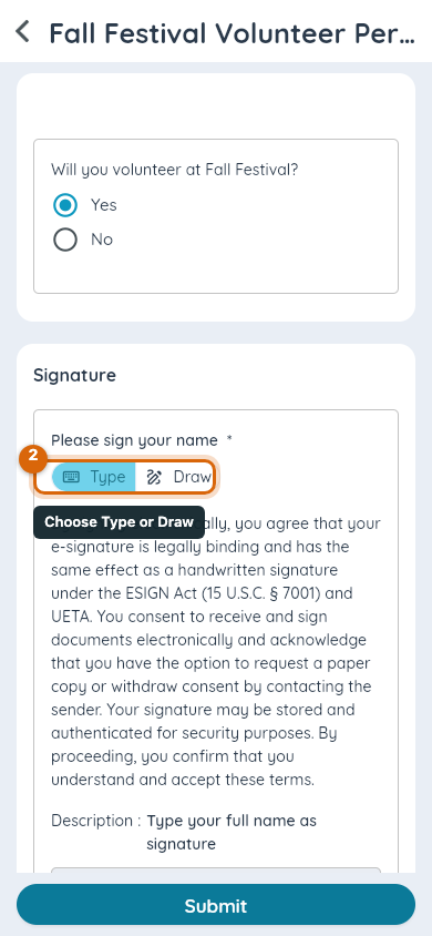 The signature step at the end of a form, with the Type and Draw mode buttons