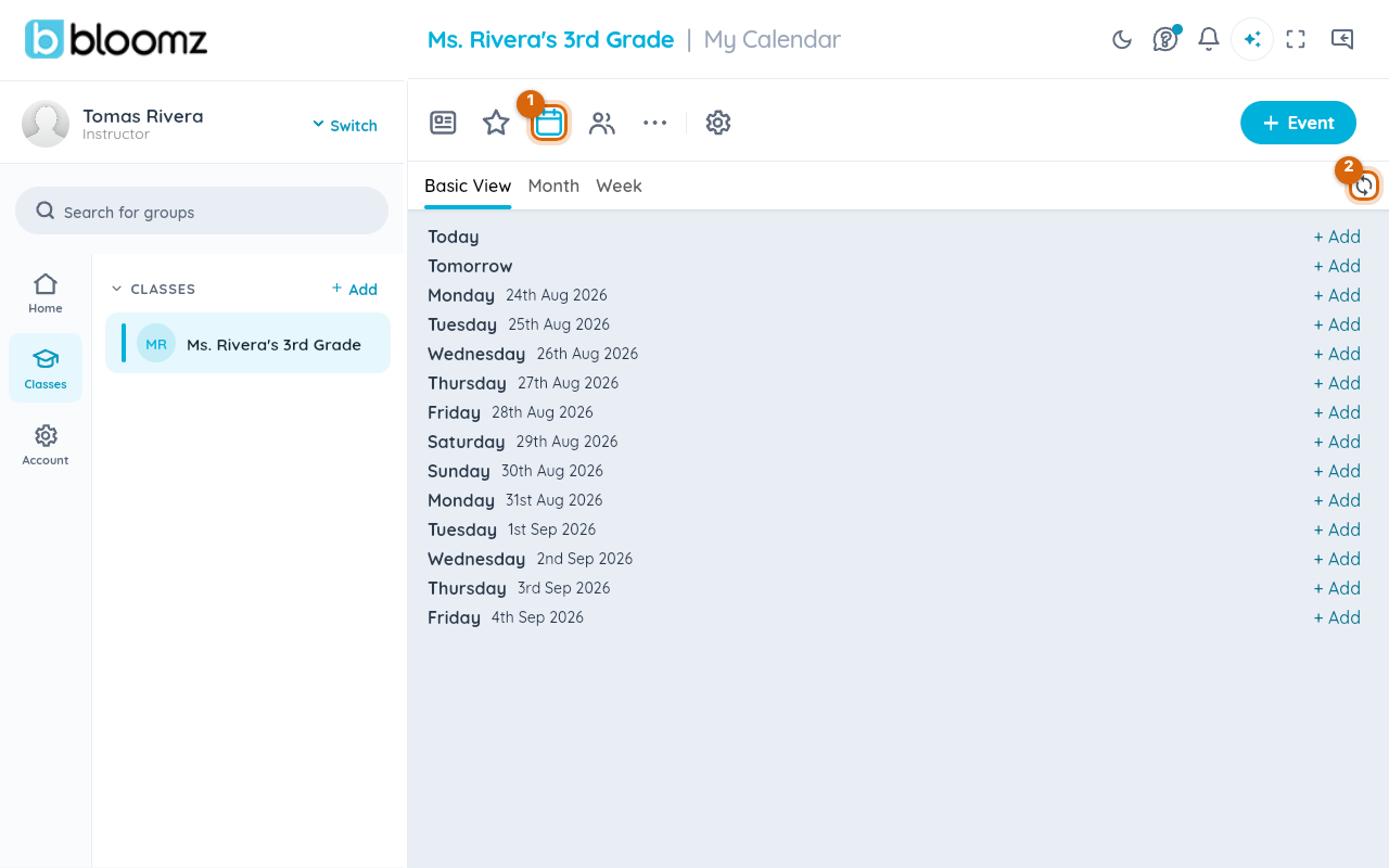 The Bloomz calendar with the sync icon marked in the tab row