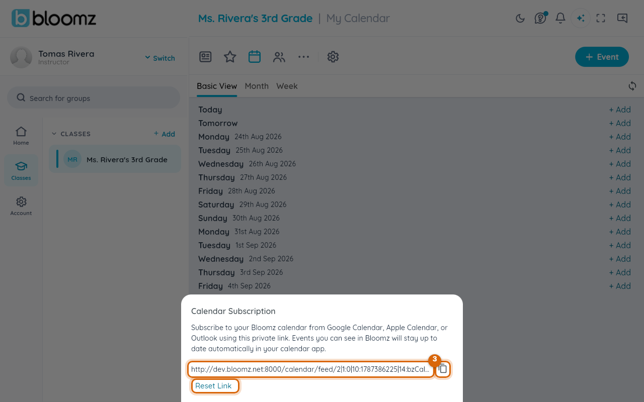 The Calendar Subscription sheet showing the personal .ics link with its copy icon and the Reset Link action