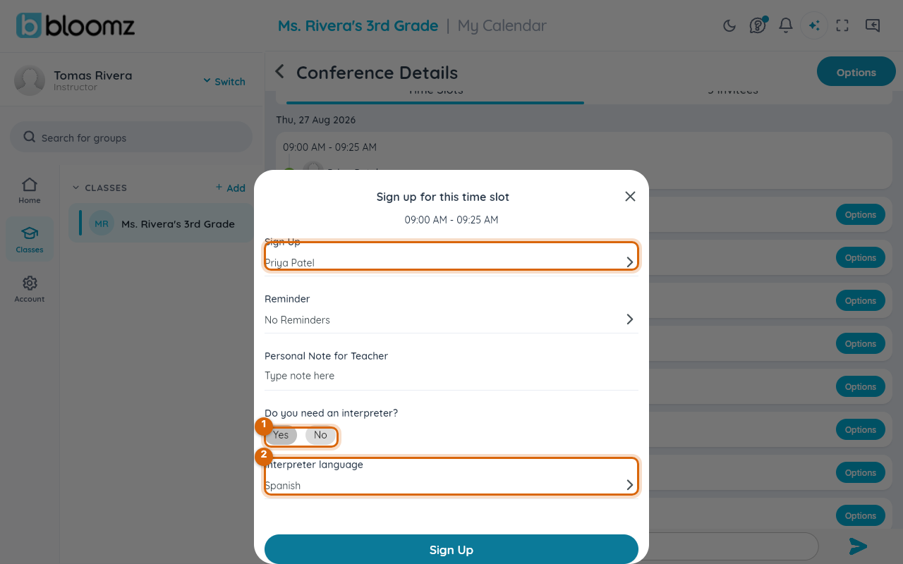 The teacher's view of the booked slot showing the family's name and their interpreter request with the language