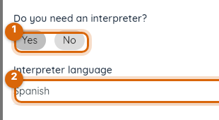 The Do you need an interpreter question with Yes selected and the Interpreter language row below it