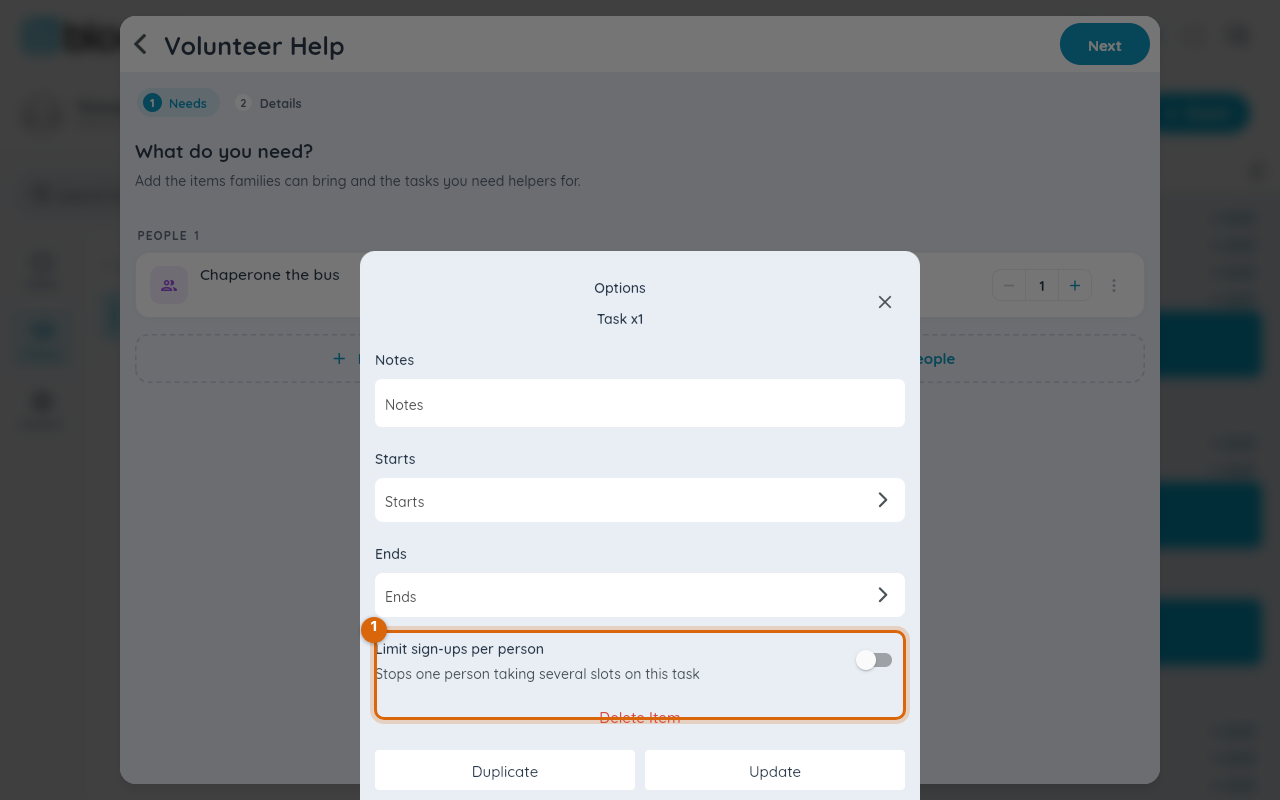 The task Options sheet with the Limit sign-ups per person control visible