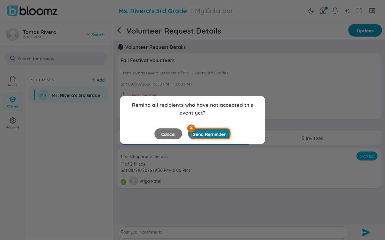 The Send Reminder confirm dialog asking whether to remind everyone who has not accepted the event yet