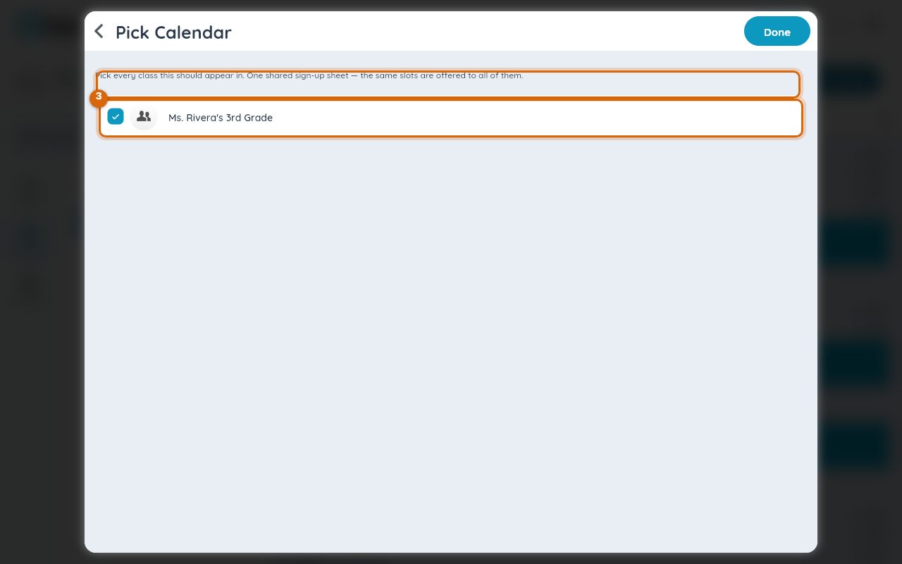The class calendar picker in multi-select mode with two classes checked