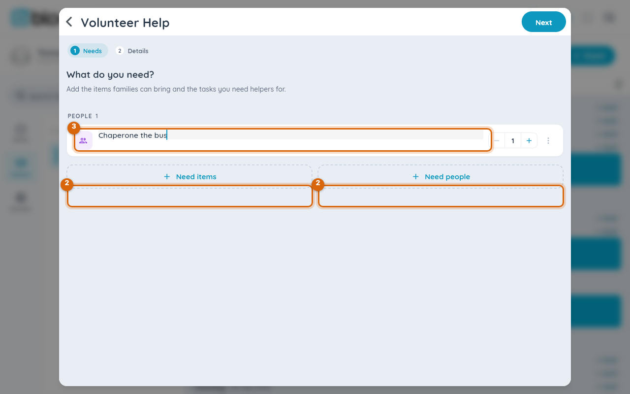 The Volunteer Help form with the Add Task button and a task's name field marked