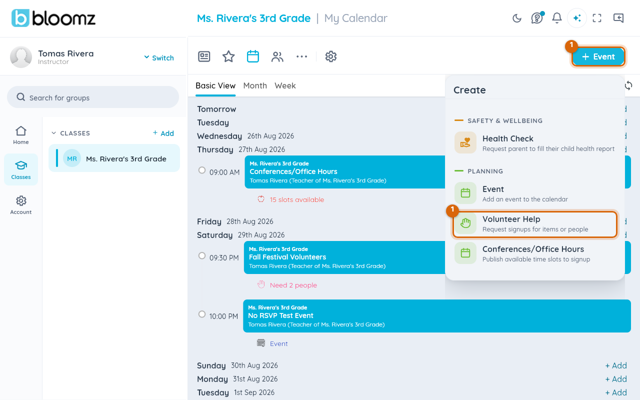 The calendar's Create menu with Volunteer Help marked under Planning