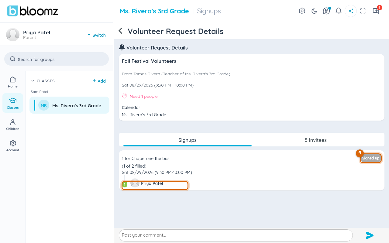 The sign-up sheet with the parent's name on a task and the Remove myself option marked