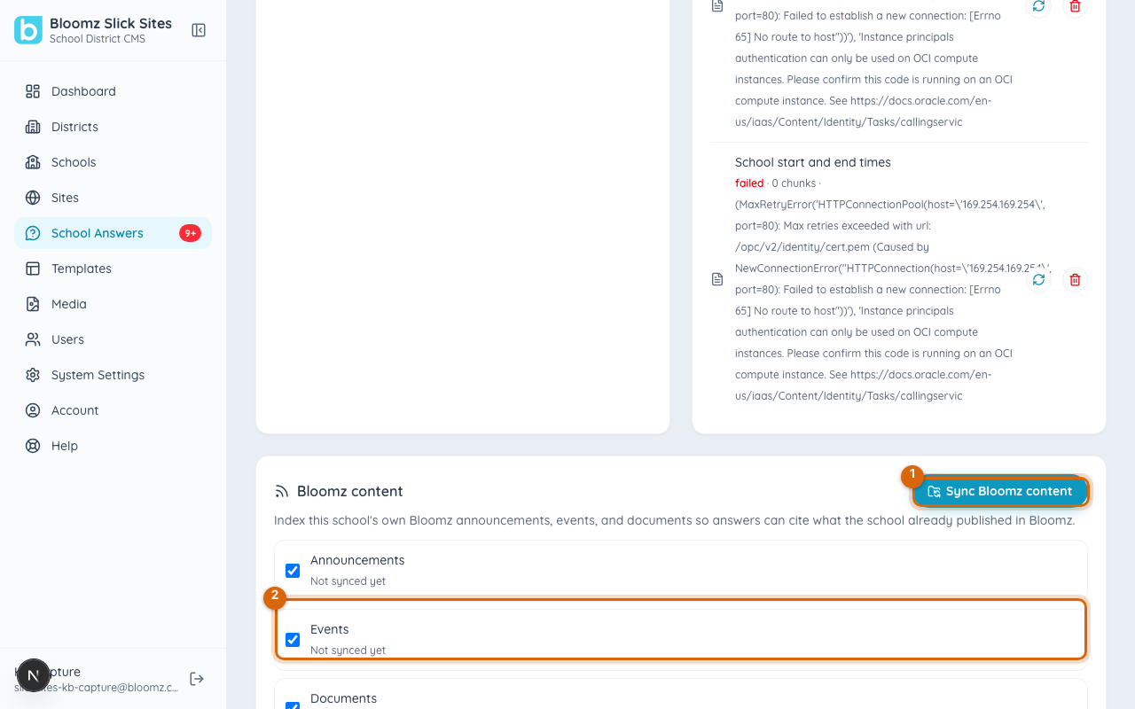 The Knowledge Base tab's Bloomz content card, with the three per-kind toggles and the Sync Bloomz content button marked