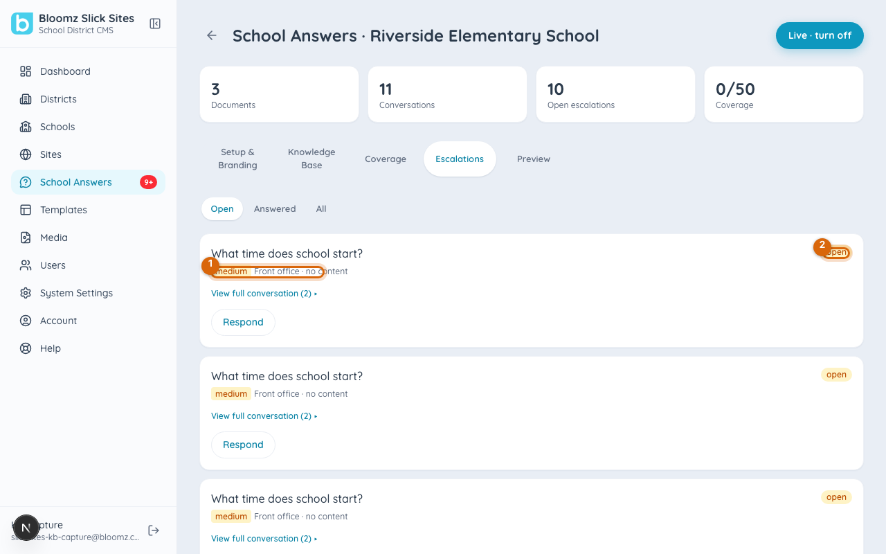 The School Answers console on the Escalations tab, with an escalation row's department, priority and status marked