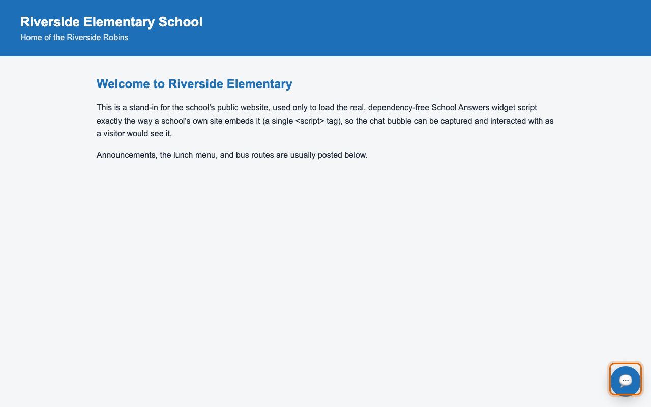 A school website with the School Answers chat bubble marked in the corner