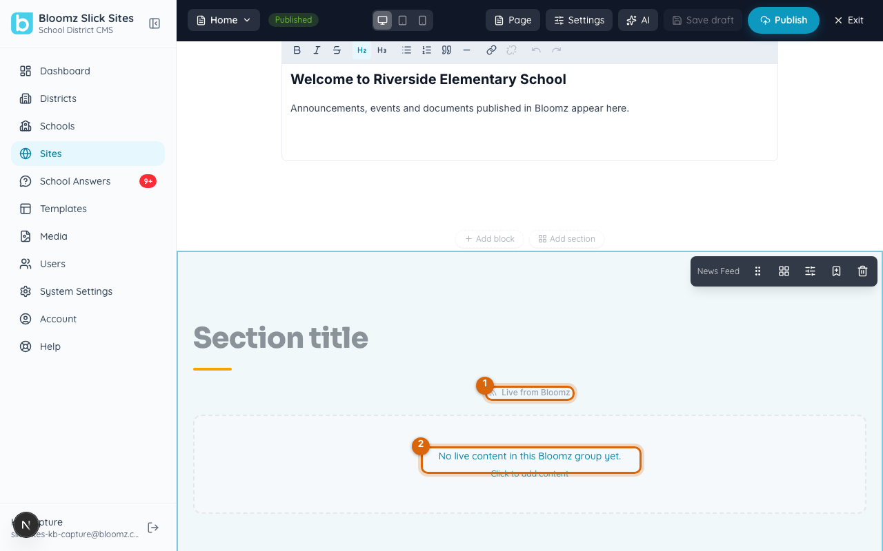 Riverside Elementary's News Feed block configured to pull live from its connected Bloomz group, currently showing no live content yet