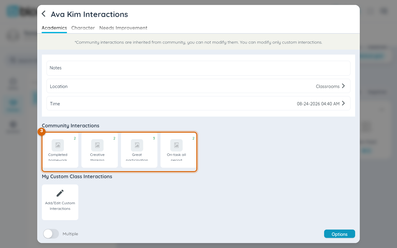 Behavior picker listing positive behaviors with their point values