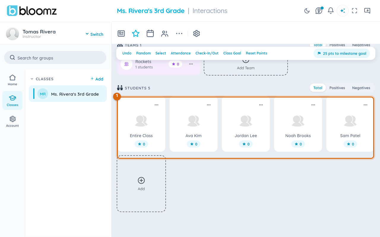 Class roster showing each student's point total and an award button