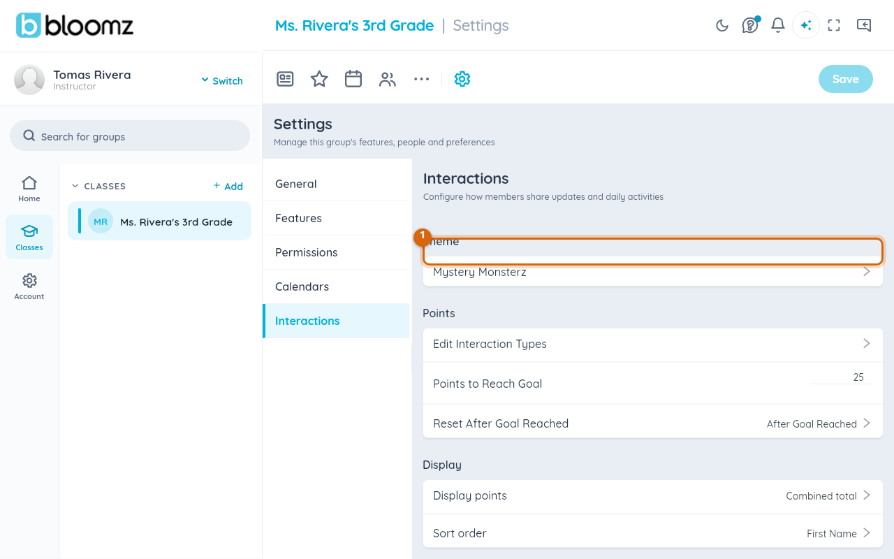 Class settings screen with the Behavior theme option highlighted