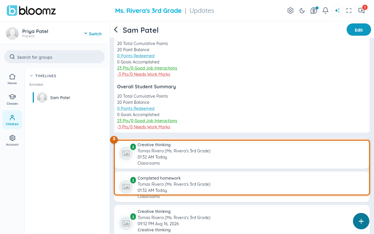 Awards history list showing dated entries with behavior and teacher