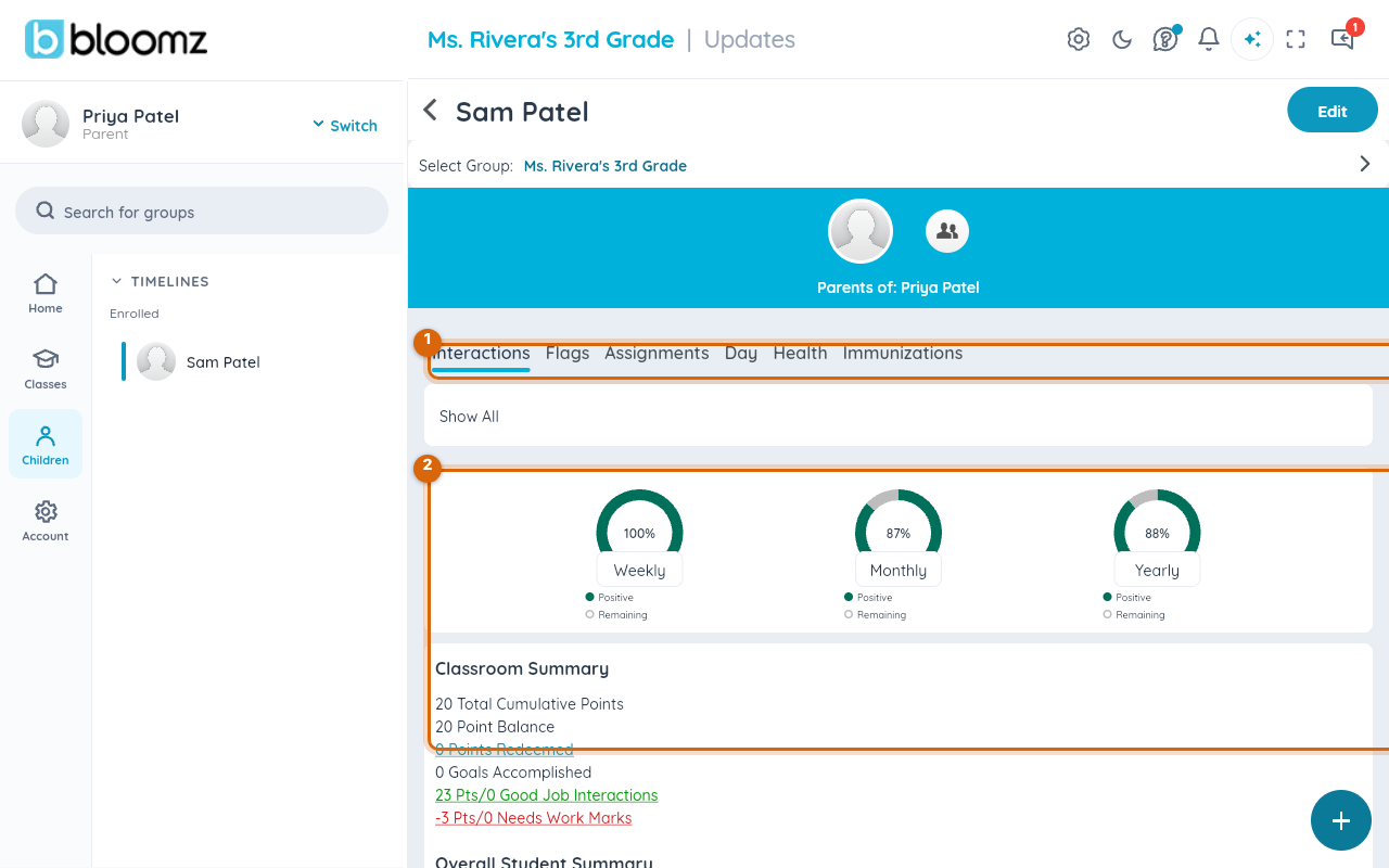 Child profile with the Interactions tab highlighted