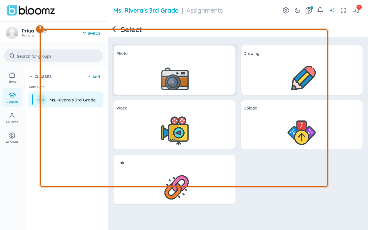 Response type picker with Photo, Drawing, Video, Upload, and Link options