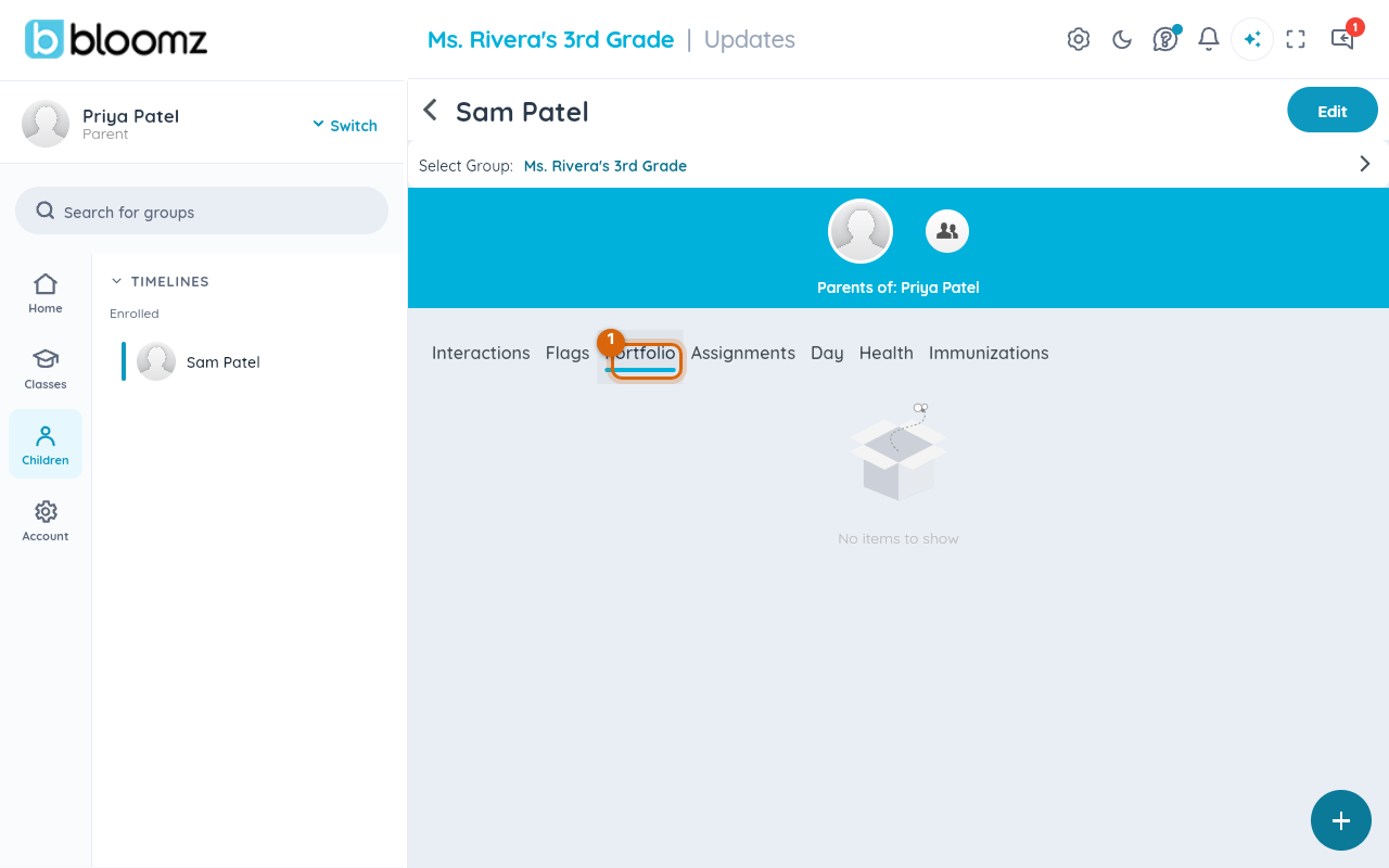 Student portfolio tab, empty until staff add work samples to it
