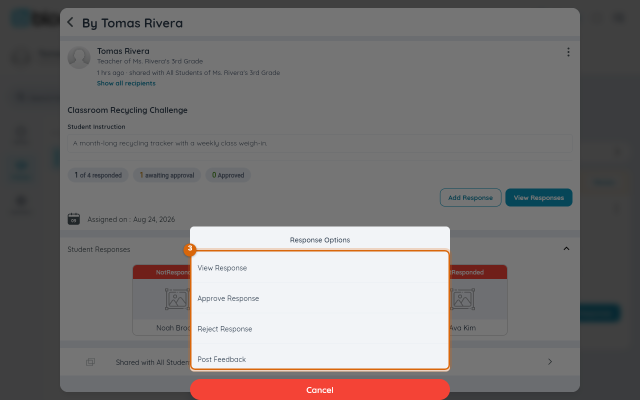 Response Options menu with View Response, Approve, Reject, and Post Feedback