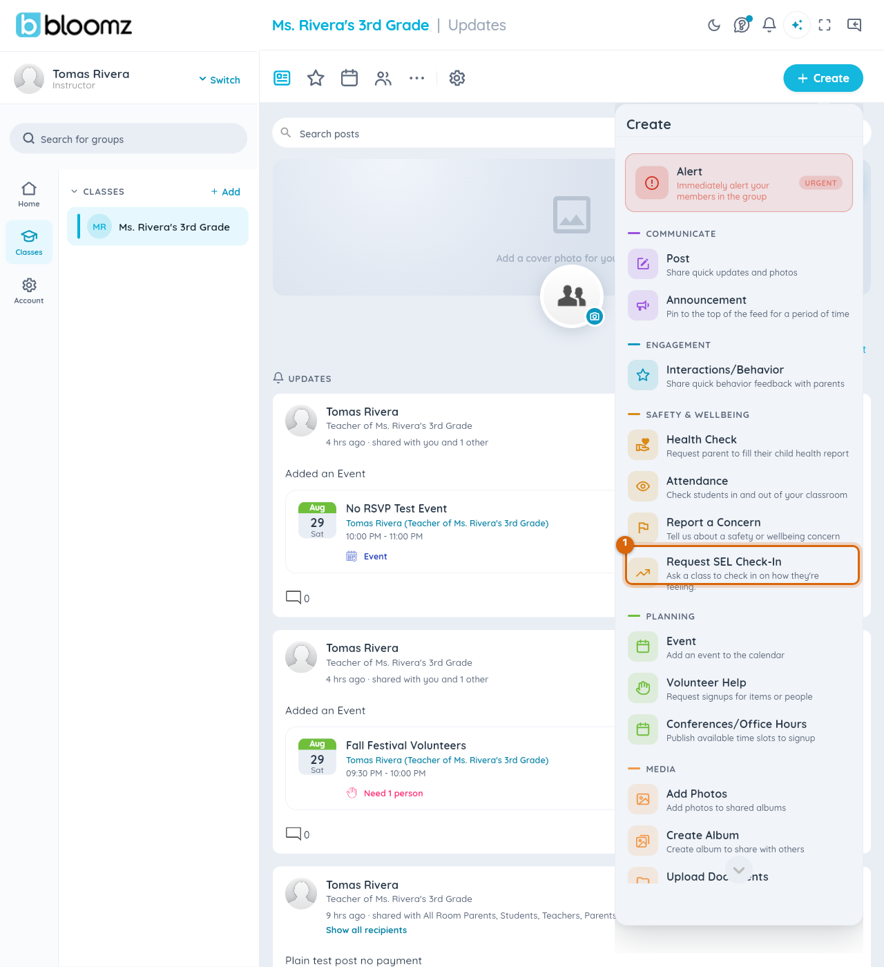 The class Create menu scrolled to Request SEL Check-In under Safety and Wellbeing
